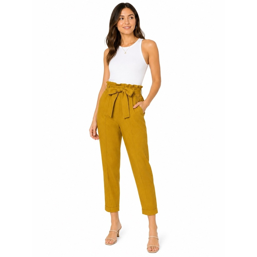Mustard Yellow Paperbag Waist Ankle Pants Size 4 Tie Belt Cropped Tapered Career